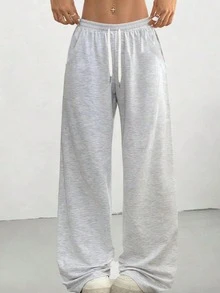 1 pieza Pantalones casuales de pierna ancha con cintura ajustable para mujer, uso diario y deportivo - Gris Claro - Ver 2