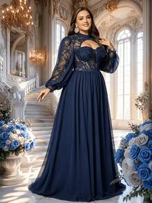 Đầm maxi dài tay bằng chiffon phối ren màu trơn thanh lịch dành cho nữ cỡ lớn, thích hợp cho các buổi tiệc trang trọng. - Màu xanh hải quân - Xem 3