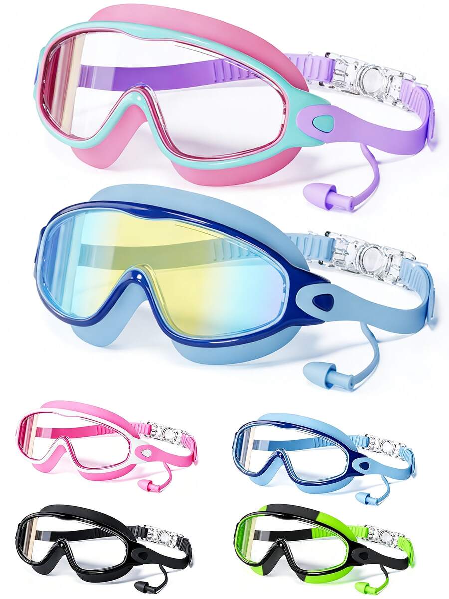 1/2pcs Kids Swimming Goggles With Earplugs, Large Frame Anti-Fog/Wide Vision Swimming Goggles For Boys And Girls Ages 4-12, First Day Of School - Multicolor - View 1