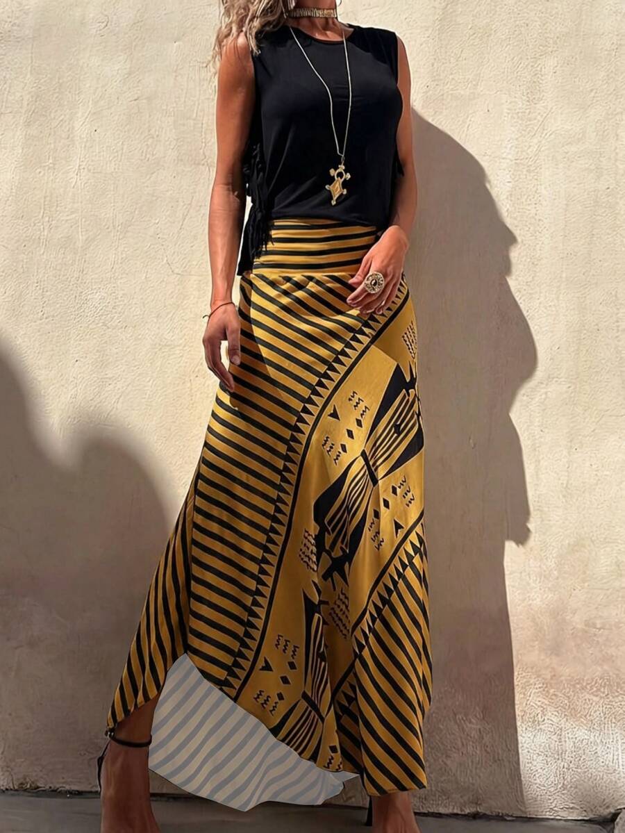 Women's Elegant Striped Maxi Skirt, A-Line Romantic Long Skirt, Suitable For All Seasons Vacation - Dark Yellow - View 1