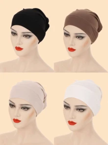 4pcs Minimalist Solid Color Comfortable Viscose Beanie Hats - Black + White + Light Khaki + Dark Khaki - View 3
