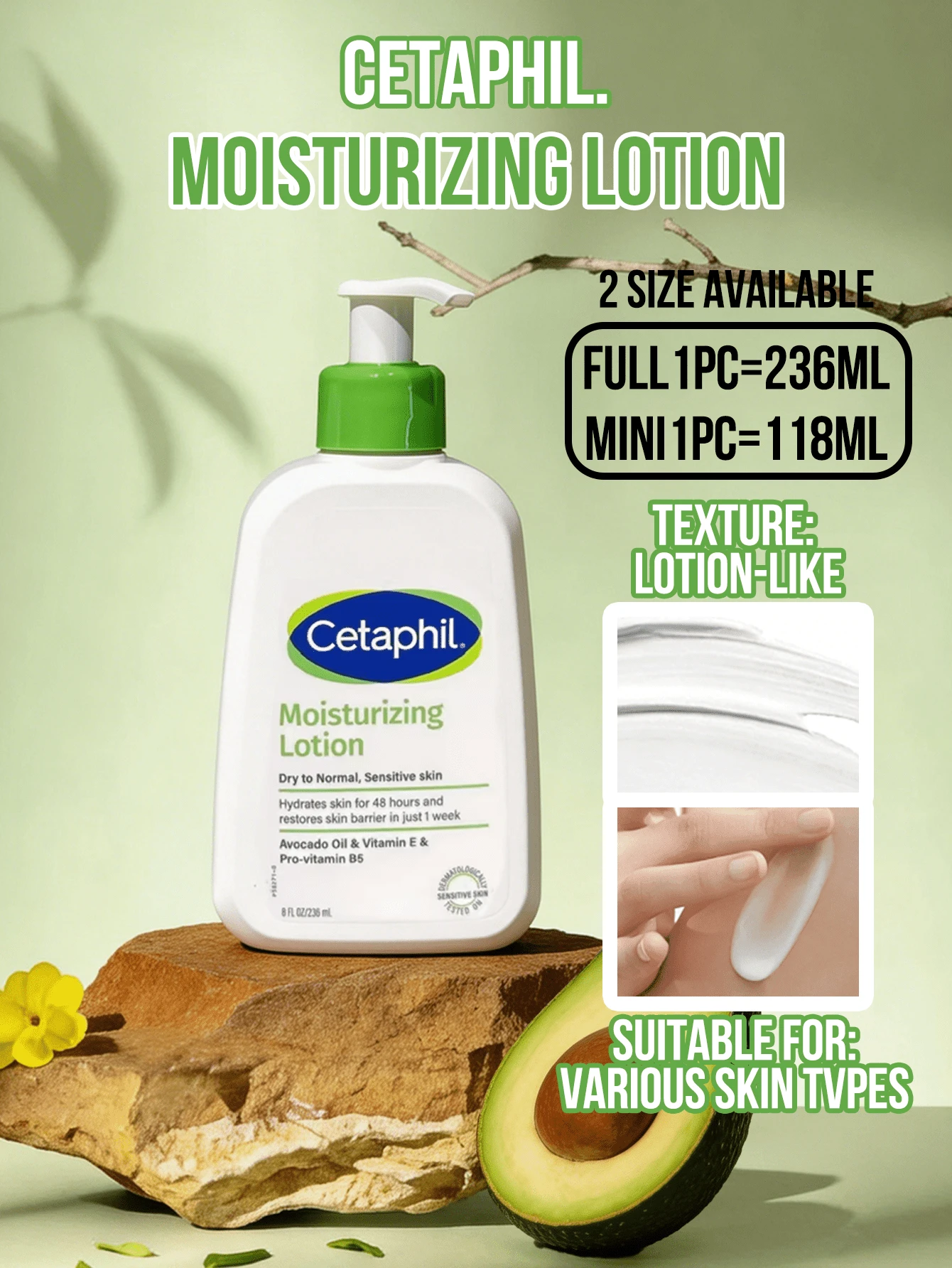 Cetaphil 丝塔芙保湿乳液（大瓶 236ml，小瓶 118ml）——无香型身体及面部乳液，48 小时长效保湿，适用于干性至中性及敏感性肌肤，蕴含牛油果油、维生素 E 和 B5，一周内修复肌肤屏障，低致敏性，不致粉刺，质地轻盈易吸收，经皮肤科医生推荐，适合男女日常护肤，旅行装，馈赠佳品，冬季干燥必备，纯素配方，清洁保湿护肤必备品