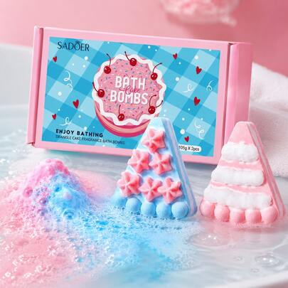 Cherry Dessert Effervescent Bath Bomb Set | Pink Cake Shaped Fizzy Bath Salt Balls | Cute Girl Bubble Bath | Moisturizing Fragrant Bath Bomb Gift Set