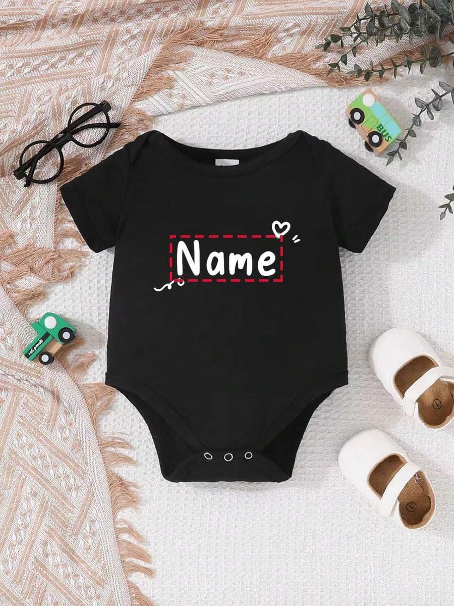 [Custom] Unisex Baby Romper, Infant & Toddler Casual Jumpsuit, Personalized Name Printing, Minimalist Heart Decor, Easy Care - Machine Washable & Dry Cleanable - Black - View 1