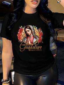 Women's Casual Crew Neck T-Shirt - Vibrant Print With Our Lady Of Guadalupe And Spanish Lettering, Machine Washable, Comfortable Fit For All Seasons, Ideal For Carnival, Mother's Day And Valentine's Day, Women's T-Shirts, Festive Clothing, Floral Print T-Shirt, Detailed Print T-Shirt - 黑色 - 查看 8