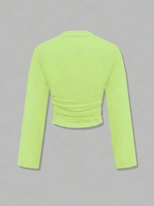 New Solid Color Ruffle Trim Elegant Long Sleeve Round Neck Top, Suitable For Vacation, Date, School, Travel, Daily Wear Spring - Blue-green - View 7