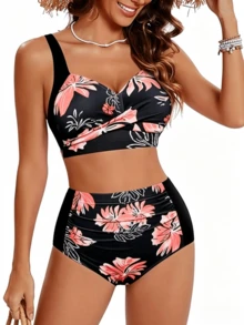 Women's Premium Ruched Tummy Control Two Piece Bikini, 2026 New High Waisted Slim Fit Swimwear, Chic  Bathing Suit For Seaside Resort, Beach Vacation And Poolside Casual Wear - 橘子花 - 查看 2