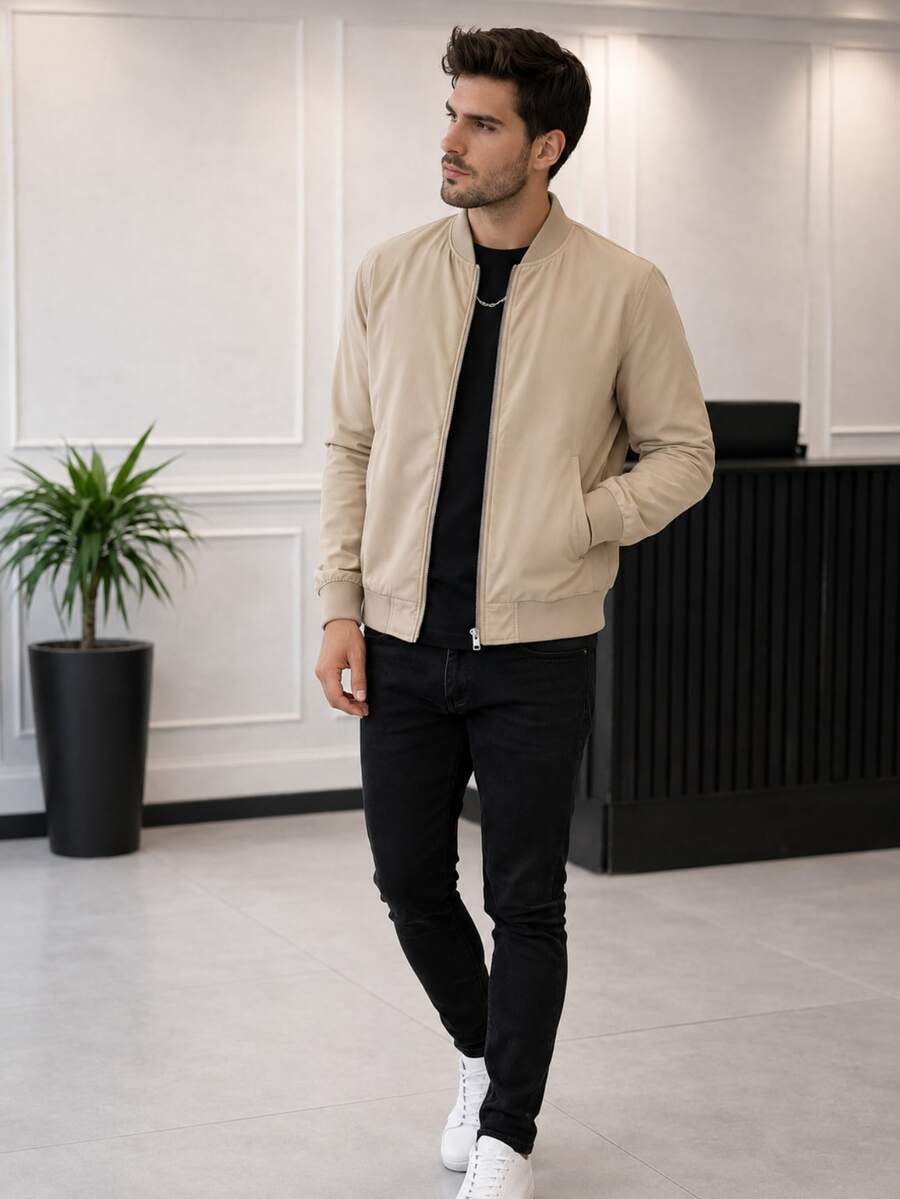 Modern Plain Casual Men's Bomber Jacket - 米色 - 查看 1