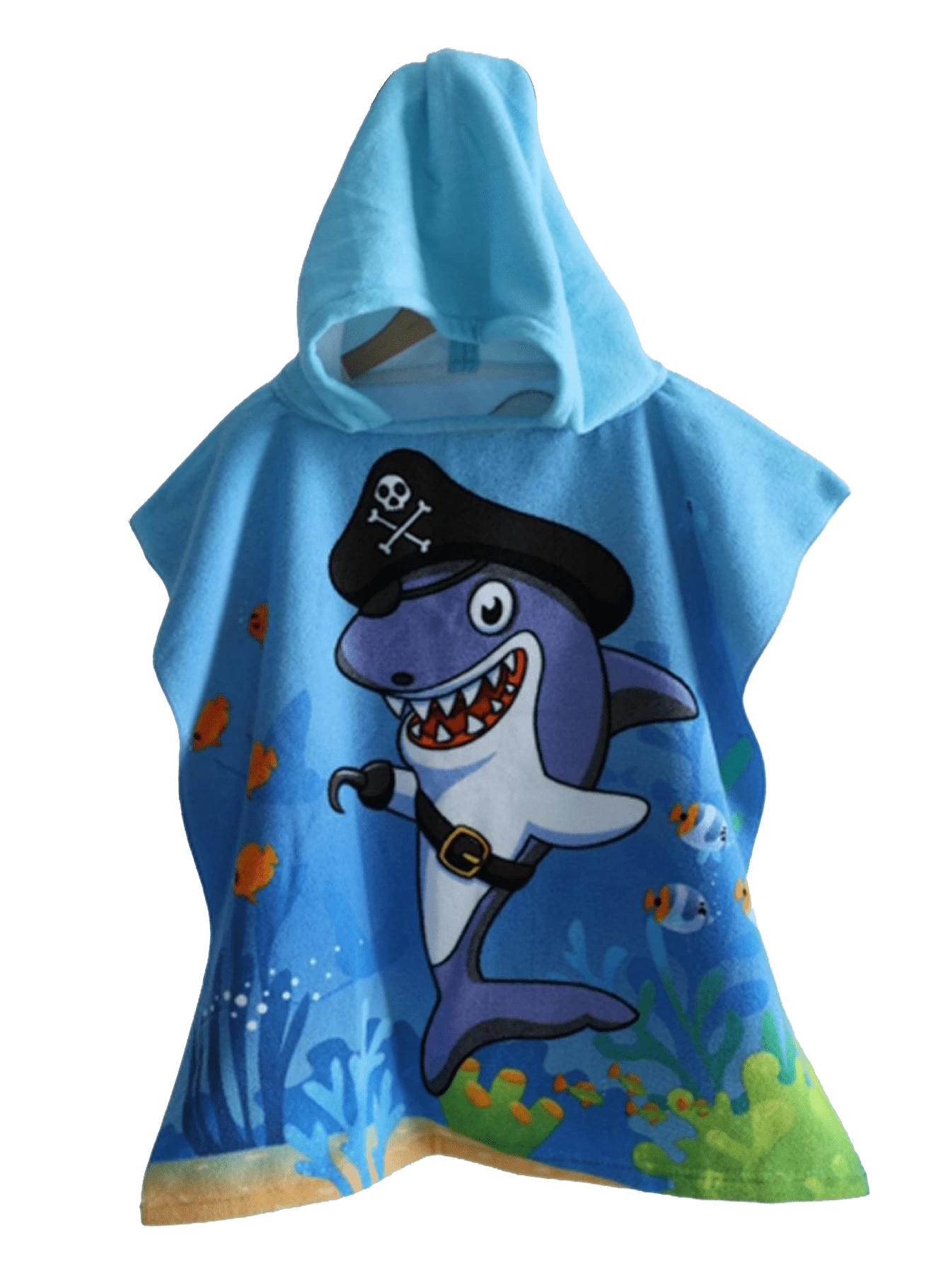Hooded Cloak Style Super Absorbent Bath Towel, Swimsuit Wearable For Pool, Beach, Bathroom, Shark Pattern - Blue Shark Pirate - View 1