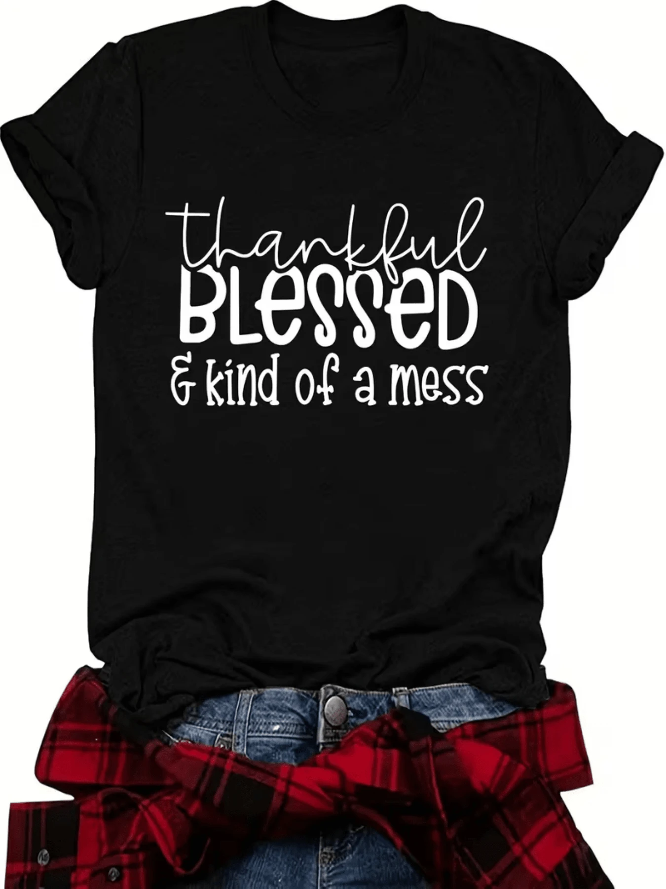 Positive Inspiration With A Phrase Celebrating Gratitude, Blessing, And Authenticity In A Cheerful And Relaxed Style For Modern Women. Comfortable And Versatile Casual Women's T-Shirt - 黑色 - 查看 1