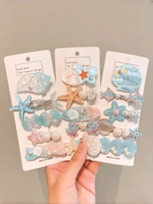 5pcs/Set Ocean Theme Hair Clips, Mermaid Shell Starfish Pearl Hair Clips, Cute Blue Ocean Animal Hair Accessories, Suitable For Children Girls Summer Beach Party - Blue - View 1