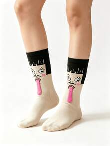 1/2 Pairs Funny Abstract Ugly Face Tongue Out Straight Socks, Suitable For All Seasons - Multicolor - View 12