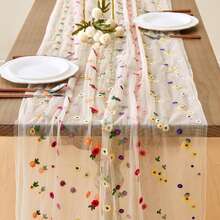 10ft Daisy Embroidered Sheer Table Runner, Floral Seasonal Versatile Mesh Decor For Home Party Kitchen Dining Table - Champagne - View 2