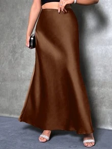Plus Size Women Elegant Satin Dress, Suitable For Christmas, Dates, Cocktail Parties - Brown - View 5