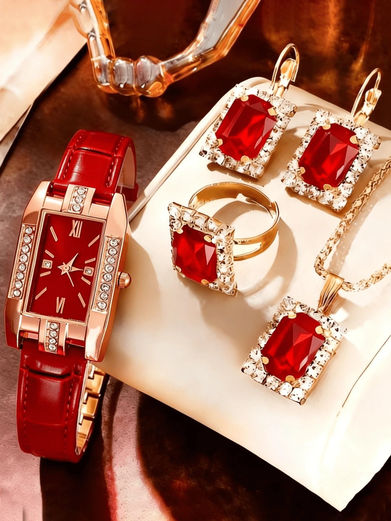 4pcs Quartz Analog Watches, Square Roman Numeral Dial, Vintage Formal Watches, Rhinestone Studded Wristwatches - Red - View 1
