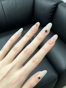10 Móng Tay Giả Thủ Công Màu Nâu Cổ Điển Kiểu Retro Với Họa Tiết Ngôi Sao, Chấm Bi & Nơ Hình Hạnh Nhân, Móng Giả Tái Sử Dụng Dành Cho Bé Gái - Nhiều màu - Xem 4