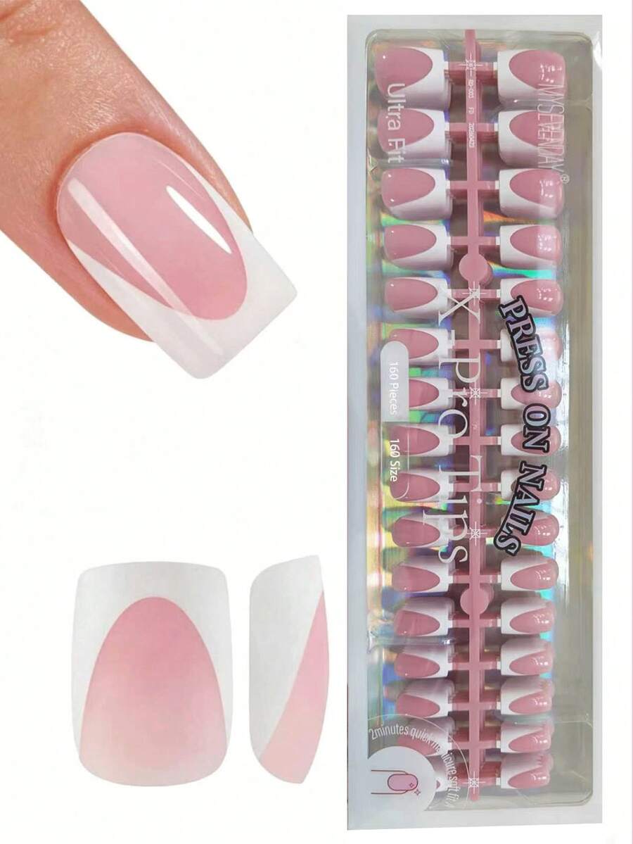 160 piezas Tiras de gel suave para manicura francesa corta y cuadrada, color rosa y oscuro, set de extensión de uñas acrílicas postizas removibles, adecuado para mujeres y niñas para uso DIY - Rosa Pálido - Ver 1