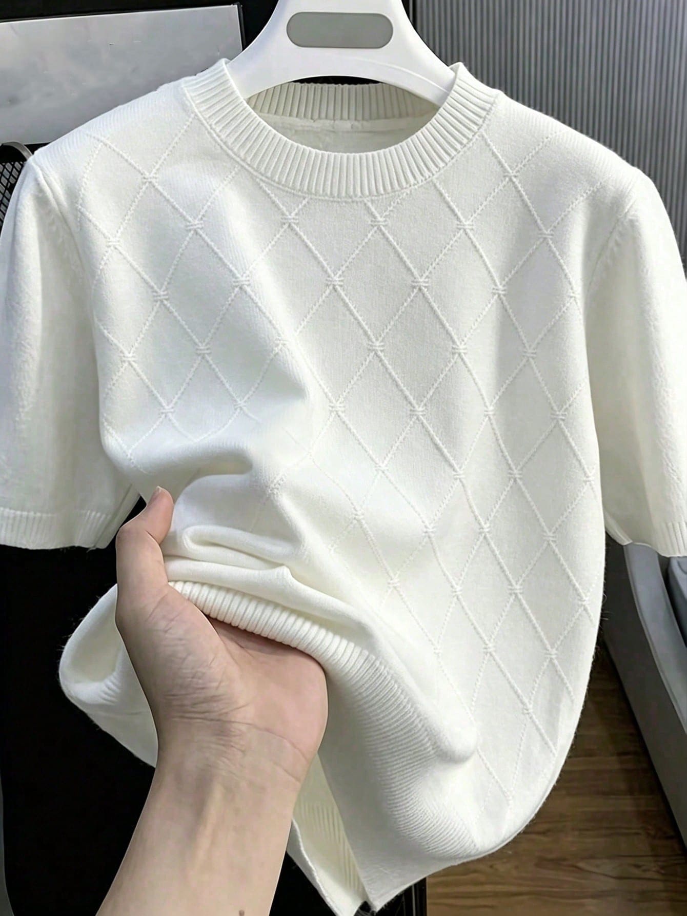 Suéter de manga corta de punto para hombre, uso casual y versátil para ir al trabajo, primavera/verano - Blanco - Ver 1
