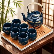 黑色陶瓷茶具套組含杯子，適合成人、茶愛好者/女性/男性，完美適用於日常使用、辦公室或節日款待朋友，送給朋友、家人或心愛之人的禮物（金色鄉村風） - 藍色山水 - 查看 1