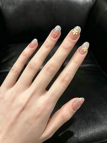 10Pcs Summer Colorful Flower Press On Nails, Short Square Nude Glitter Gradient Fake Nails, Handmade Reusable False Nail Tips For Women - Multicolor - View 2