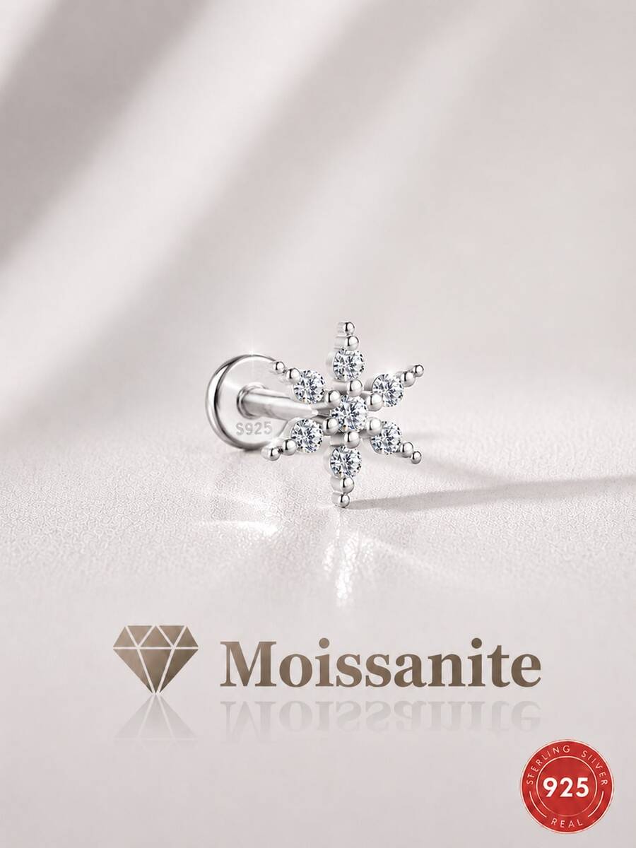 1 chiếc khuyên tai đinh tán phẳng bằng bạc 925 mạ vàng 18K, hình bông tuyết thanh lịch đính đá Moissanite, trang sức xương tai tinh tế, không gây dị ứng, thiết kế không phai màu, hoàn hảo cho hẹn hò hàng ngày, tiệc tùng, đám cưới, mùa lễ hội, quà tặng Ngày của Mẹ và các dịp lễ khác. - Bạc - Xem 1
