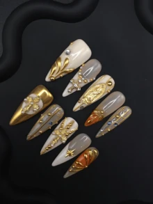 Móng tay giả dán sẵn nhỏ đeo hàng ngày, dáng dài nhọn, chạm khắc 3D phong cách vintage, trang trí kim loại mạ vàng hình chân Crock sang trọng, làm thủ công - Nhiều màu - Xem 9