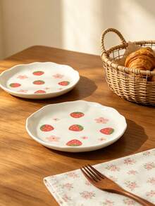 Cabin Kangaroo 1pc/2pcs/4pcs Cute Strawberry Print Ceramic Plates, Aesthetic Flower Dinner Plates, Kawaii Dessert/Snack/Salad Plates, Lovely Tableware For Home Kitchen, Perfect For Breakfast & Party - Multicolor - View 5