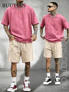 Men's 2PCS BUUTIAN Vintage Wash Solid Color T-Shirt & Denim Shorts Set, Multiple Color Combinations Available, Oversized Streetwear Casual Summer Joggermate Outfit, 90s Retro Casual Loungewear - 粉+杏 - 查看 1