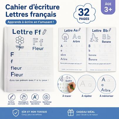 Lachilly 32 Pages French Alphabet Handwriting Practice Workbook For Kids, Learn To Write Letters, Tracing & Writing Activity Book For Preschool Toddlers, Montessori Educational Workbook Age 3+
