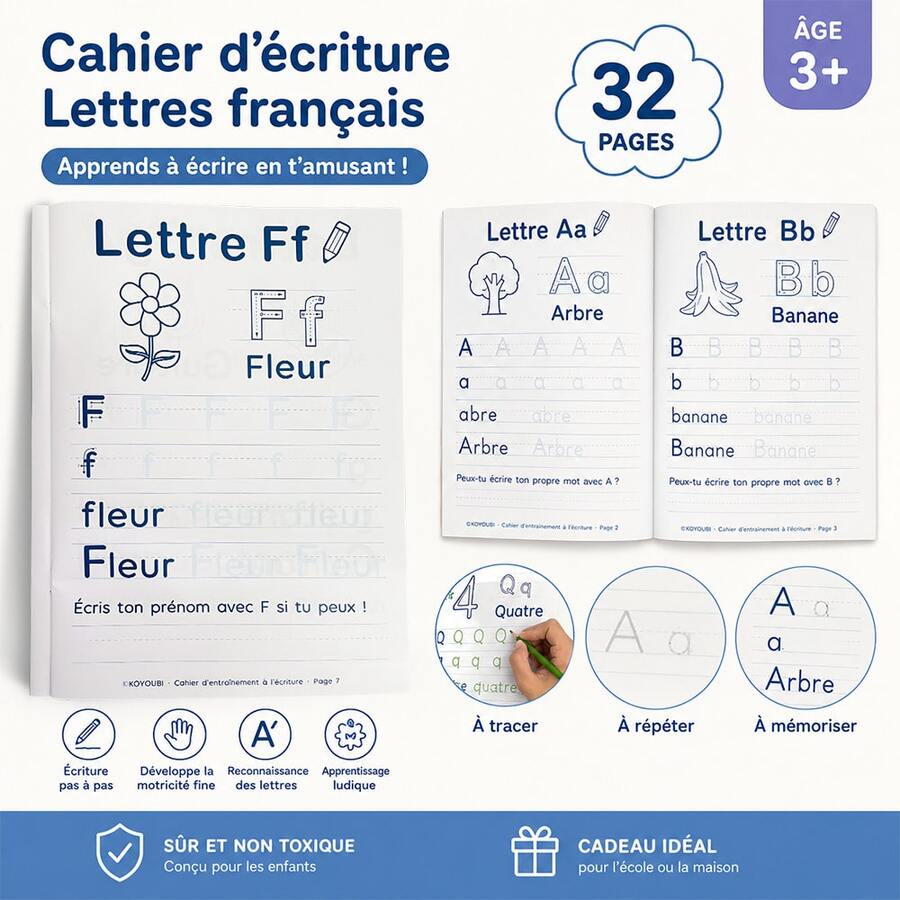 Lachilly 32 Pages French Alphabet Handwriting Practice Workbook For Kids, Learn To Write Letters, Tracing & Writing Activity Book For Preschool Toddlers, Montessori Educational Workbook Age 3+