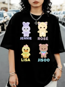 B-BLACKPINKS Chibi-karaktärer Jennie Lisa Rosé Jisoo K-pop-fan-t-shirt - Svart - Visa 6
