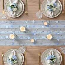 1 pieza Camino de mesa bordado con malla floral 3D, 120 pulgadas/10 pies, tela transparente para decoración de primavera, mesa de cocina, comedor, fiesta en el hogar - cielo azul - Ver 3