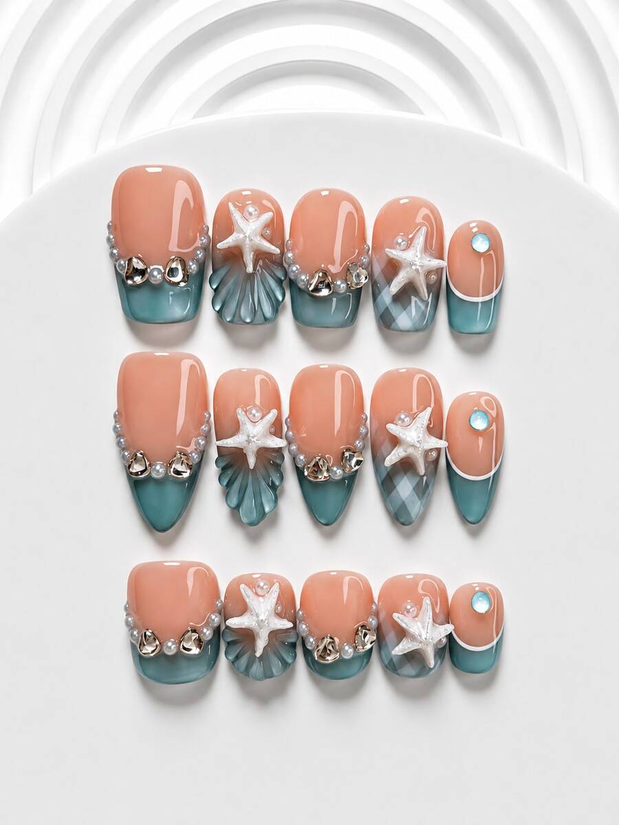 1package/10pcs-Ocean Pearl Starfish Press On Nails – Blue French Tip Beach Style Fake Nails With 3D Shell Charm & Pearl Rhinestone,Vacation Glossy Nails - Multicolor - View 1