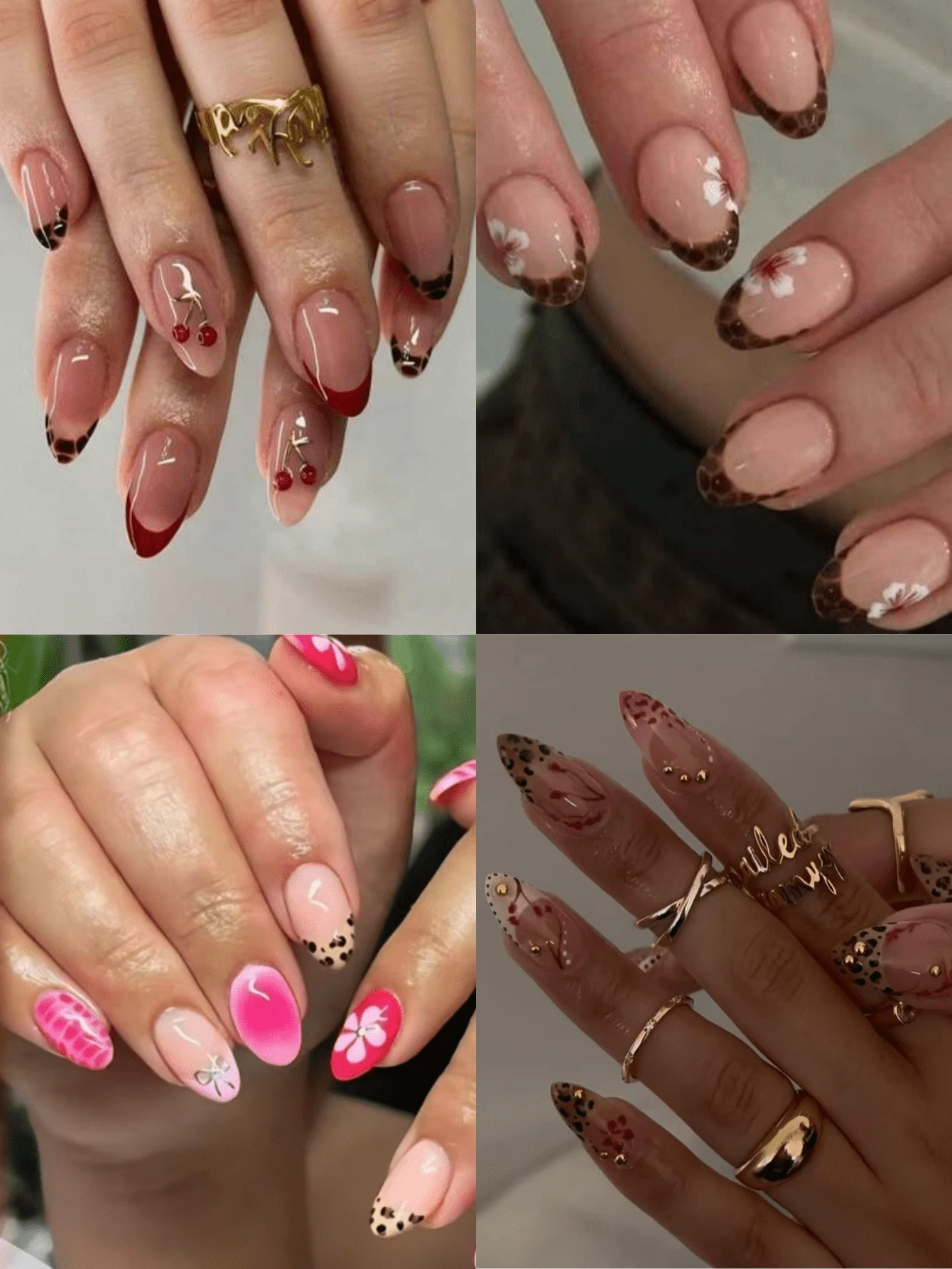 120pcs Mixed Fake Nails Set, Including Medium-Long Almond Shape, Leopard Print, Cherry Pattern, Rhinestone Decor, French Manicure, Full Coverage, Rivet Decor, Suitable For Daily Wear And Parties - Multicolor - View 1