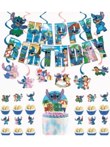 Bộ trang trí tiệc chủ đề hoạt hình Stitch Lilo & Stitch của Disney bao gồm biểu ngữ, mặt dây chuyền hình xoắn ốc và các vật dụng trang trí khác, phù hợp cho các bữa tiệc sinh nhật, tiệc cưới, lễ tốt nghiệp, ngày lễ, cắm trại ngoài trời, họp mặt gia đình và nhiều dịp khác. - Nhiều màu - Xem 6