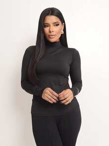 Basic Polyamide Blouse, Long Sleeves With Thumb Loops, High Neck. - Black - View 9