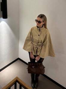 Women's Elegant Solid Color Stand Collar Belted Short Cape Jacket, Solid Color Belt, Front Button Closure, Suitable For Daily Wear - Khaki - View 3