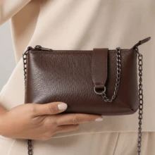 USEVITTAL Vittal Annelise Women's Clutch Bag In Genuine Leather, Black And Caramel, With Chain Strap. - 咖啡棕 - 查看 5