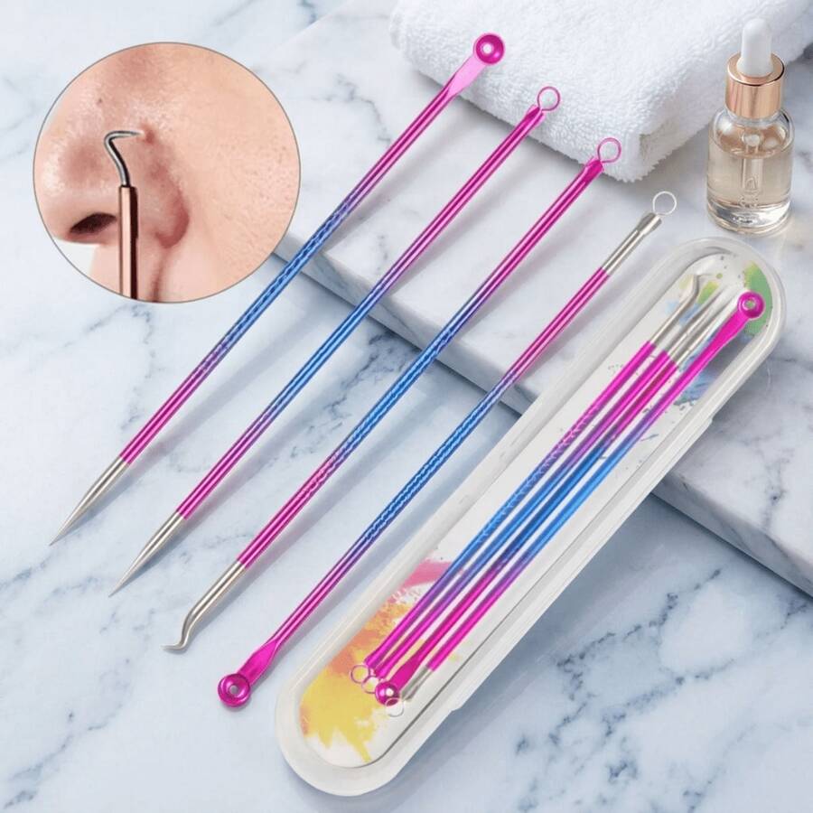 Set de herramientas para eliminar puntos negros y extraer granos, aguja para puntos negros, aguja para acné, set de herramientas de limpieza de puntos negros, set de herramientas para el tratamiento de granos, set de herramientas de acero inoxidable profesional para limpiar puntos negros y cicatrices de acné - Multicolor - Ver 1