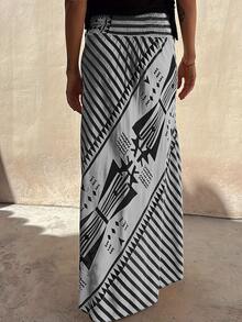 Women's Elegant Striped Maxi Skirt, A-Line Romantic Long Skirt, Suitable For All Seasons White - White - View 2