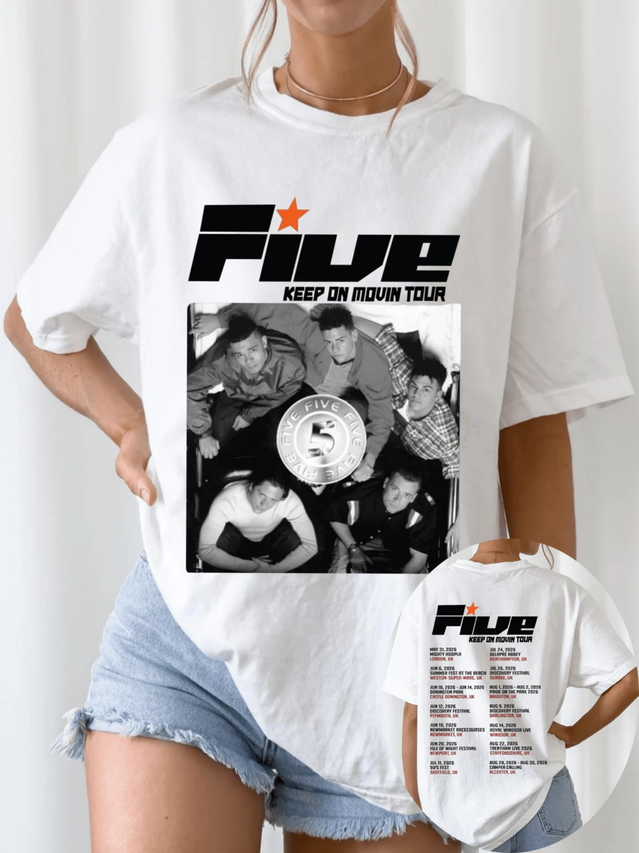 Five Keep On Movin Tour 2026 T-Shirt, Pop Music Fan Tee - White - View 1