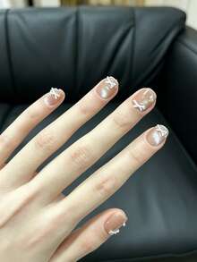 10Pcs Handmade Press On Nails Nude Glitter Fake Nails With Cat Eye, 3D Pink Bow & Pearl Design Short Reusable False Nails For Girls - Multicolor - View 5