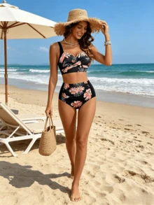 Women's Premium Ruched Tummy Control Two Piece Bikini, 2026 New High Waisted Slim Fit Swimwear, Chic  Bathing Suit For Seaside Resort, Beach Vacation And Poolside Casual Wear - 橘子花 - 查看 1