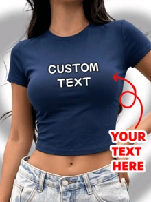 客製化 Y2K 短版 T-Shirt & 2026 世界盃比賽日球衣，DIY 個性化文字，適合學校隊伍夏季 - 藏蓝色 - 查看 1