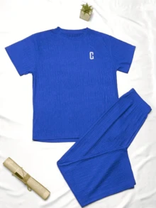 Conjunto de dos piezas informal y holgado para el hogar, ligero y bordado con la letra C para primavera y verano, compuesto por camiseta y pantalones largos, 1 unidad - Azul - Ver 2