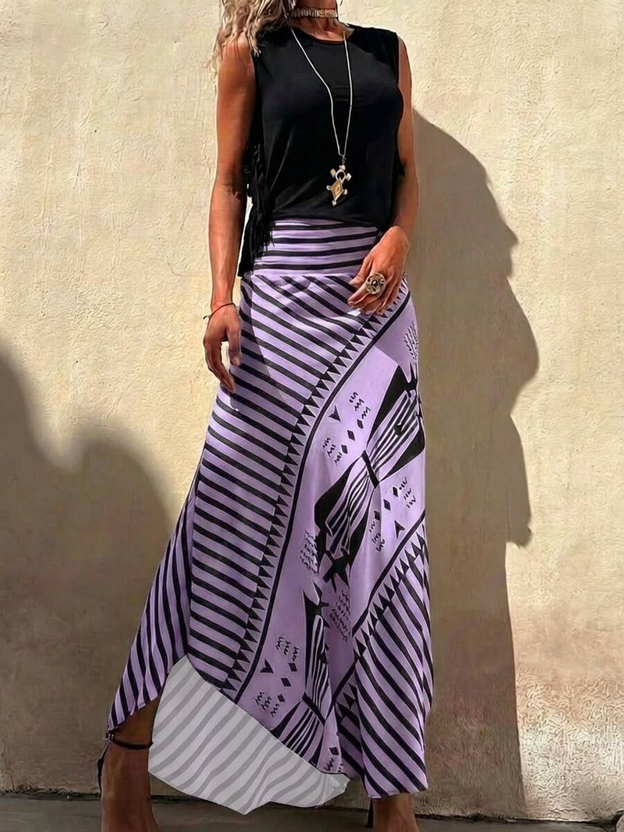 Women's Elegant Striped Maxi Skirt, A-Line Romantic Long Skirt, Suitable For All Seasons - Lilac Purple - View 1