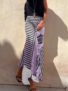 Women's Elegant Striped Maxi Skirt, A-Line Romantic Long Skirt, Suitable For All Seasons - Lilac Purple - View 5