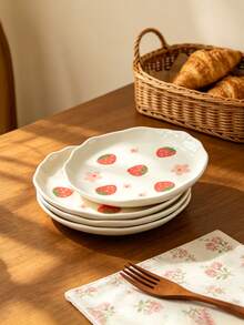 Cabin Kangaroo 1pc/2pcs/4pcs Cute Strawberry Print Ceramic Plates, Aesthetic Flower Dinner Plates, Kawaii Dessert/Snack/Salad Plates, Lovely Tableware For Home Kitchen, Perfect For Breakfast & Party - Multicolor - View 6