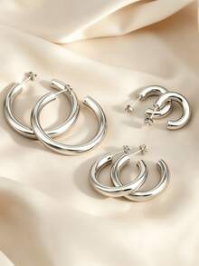 6pcs Set Minimalist Stainless Steel Rings And Earrings, Suitable For Women - Silver - View 3