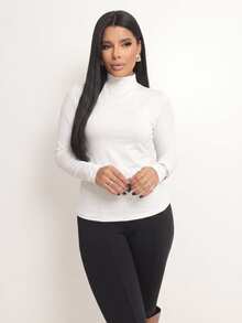 Basic Polyamide Blouse, Long Sleeves With Thumb Loops, High Neck. - White - View 9